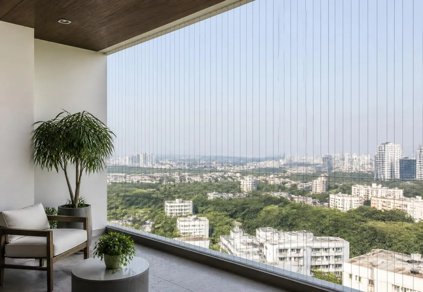 Stainless steel invisible grill cables fitted across a Chennai, Tamil Nadu balcony